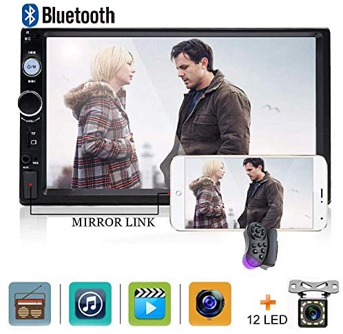 Car Stereo Double Din Car Radio 7 Inch HD Player MP5 Touch Screen Digital Display Bluetooth Multimedia 2 Din FM Radio Receiver AUX In USB TF Card Input Mobile Mirror Link with 12 LED Car Backup Camera