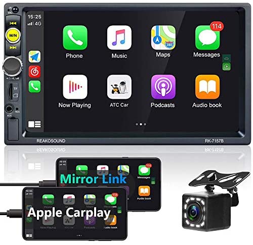Double Din Stereo Compatible with Apple CarPlay in-Dash Digital Media Player 7 Inch Touch Screen Car Radio with Bluetooth, FM Car Radio, Mirror Link, Backup Camera + External Microphone