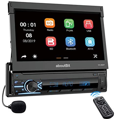Single Din Bluetooth Car Stereo, aboutBit 7 inch Touchscreen Motorized MP5 Car Radio Support Mirror Link, Built-in Microphone, USB/SD/Aux-in, AM/FM Radio, Front/Rear View Camera, Remote Control