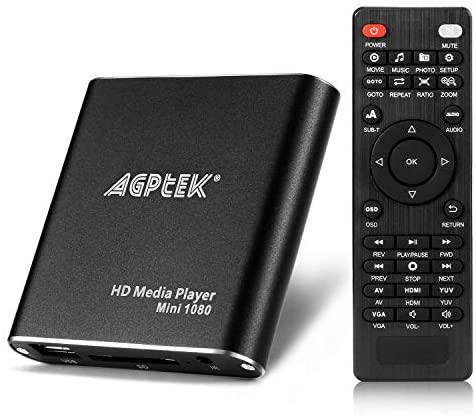 AGPTEK Mini HD TV Media Player con Adaptador USB 1080P - MKV/RM-SD/USB HDD-HDMI Support HDMI CVBS and YPbPr Video Output with Remote Controller and Power Adapter 5V 2A - Negro