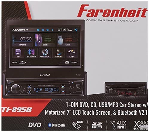 TI-895B - Farenheit in-Dash 1-DIN 7" Motorized Flip-Out LCD Touchscreen DVD/CD/USB Receiver with Bluetooth V3.0