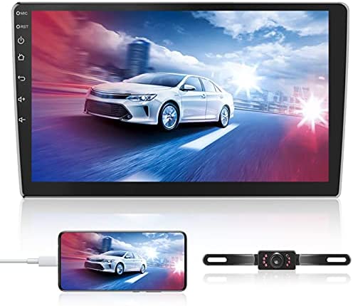 Double Din Car Stereo Radio Receiver, 10.1” 2.5D Curved HD Touch Screen Head Unit Multimedia Player, Support Rear View Camera&Android iOS Mirror Link Dual USB Input+License Plate Camera