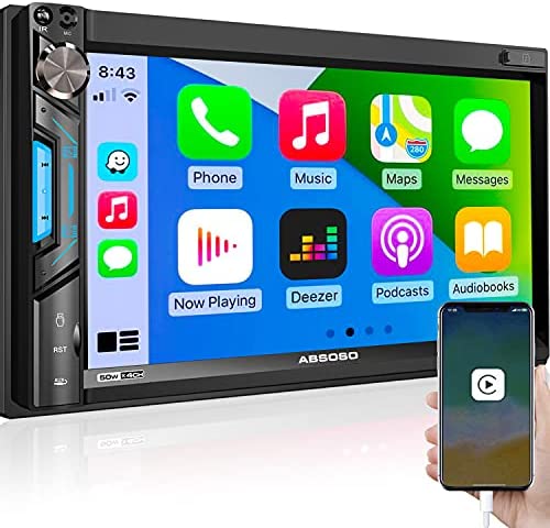 Double Din Car Stereo Carplay, ABSOSO in-Dash Entertainment Multimedia Radio, 7 Inch Capacitive Touchscreen Bluetooth Audio - Phone Link, AM/FM, USB/SD, AV Input, Subwoofer, Backup Camera, Microphone