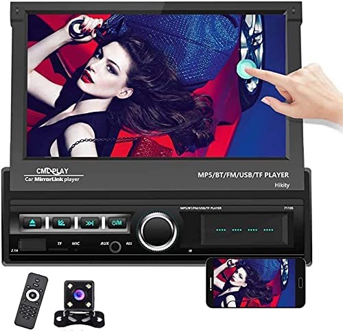 Hikity Single Din Car Stereo 7" Folding Capacitive Touch Screen Radio FM Bluetooth Receive with USB/AUX-in/SD Card Port Supports Mirror Link for Android/iOS Phone + Backup Camera & Remote Controller