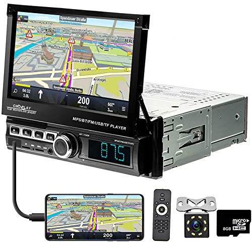 Car Stereo Single Din Car Radio in Dash GPS Navigation 7”Flip Out Touch Screen Head Unit Support Bluetooth Audio Calling, Car MP5 Player, FM/USB/TF/AUX-in, Mirror Link, Remote Control+Rear View Camera