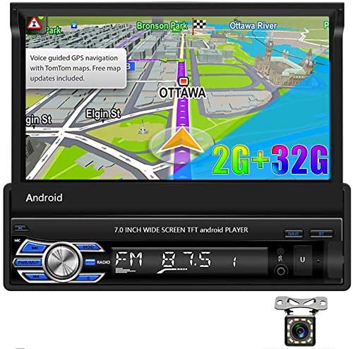 CAMECHO Android Car Stereo Flip Out Touchscreen Car Radio [2G+32G] 7 inch Retractable Single Din Bluetooth 1 Din Radio with GPS/FM Radio/Mirror Link for iOS/Android Phones + Rear View Camera