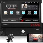 CAMECHO Android 1 Din Car Radio [2G + 32G] 7 inch Retractable & Flip Out Touchscreen Autoradio Single Din Bluetooth FM Radio WiFi Navigation Mirror Link for Android iOS Phone + Rear View Camera