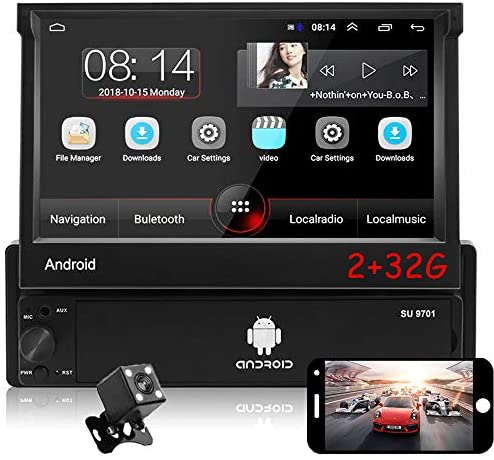 CAMECHO Android 1 Din Car Radio [2G + 32G] 7 inch Retractable & Flip Out Touchscreen Autoradio Single Din Bluetooth FM Radio WiFi Navigation Mirror Link for Android iOS Phone + Rear View Camera
