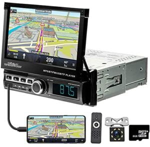 Car Stereo Single Din Car Radio in Dash GPS Navigation 7”Flip Out Touch Screen Head Unit Support Bluetooth Audio Calling, Car MP5 Player, FM/USB/TF/AUX-in, Mirror Link, Remote Control+Rear View Camera