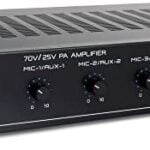 Compact Mini Home Power Amplifier - 100W Smart Indoor Audio Stereo Receiver w/ RCA, 3 Microphone IN, AUX, 25/70V Outputs, LED, Input Selector, For PA, Amplified Speaker Sound System Pyle PCM60A Black