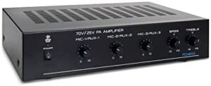 Compact Mini Home Power Amplifier - 100W Smart Indoor Audio Stereo Receiver w/ RCA, 3 Microphone IN, AUX, 25/70V Outputs, LED, Input Selector, For PA, Amplified Speaker Sound System Pyle PCM60A Black