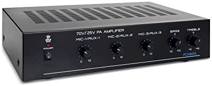 Compact Mini Home Power Amplifier - 100W Smart Indoor Audio Stereo Receiver w/ RCA, 3 Microphone IN, AUX, 25/70V Outputs, LED, Input Selector, For PA, Amplified Speaker Sound System Pyle PCM60A Black
