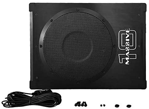 Powered Car Subwoofer by Massive Audio BOOM10 Car Subwoofer Under Seat Slim Hideaway - Low Profile Compact Subwoofer with Amazing Sound - Built in Amplifier, 10 Inch 600 Watt, Gain Remote Include